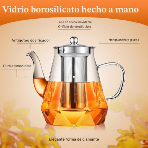 Miniatura 3 de Teteras De Vidrio Con Infusor 1200 Ml, Stntus Tetera De Vidrio Transparente Con Infusor Para Té Suelto, Tetera Segura Para Estufa Con Colador De Acero Inoxidable Para Té Floreciente