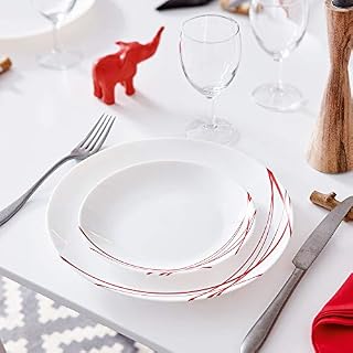 Arcopal by Luminarc Domitille 18pc Opal Glass Black Red Lined Dinner Set Plates (18pc Dinner Set, Red)