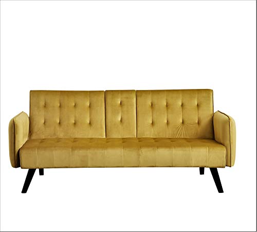 Container Furniture Direct Cricklade Mid Century Modern Velvet Upholstered Futon Sofa Bed, Couches For Living Room With Center Console And Cupholders, Gold #TOP20