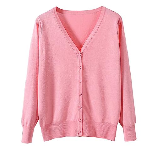 [Blostirno] Vネックカーディガン レディース 長袖 ニット 無地 きれいめ ライトピンク（JK0822lp-xxl）の商品画像（Amazon）