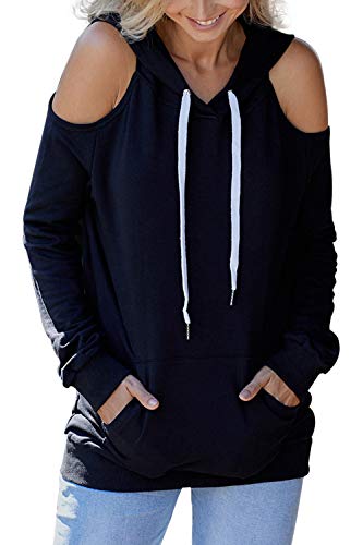 Kisscynest Women's Cold Shoulder Sweatshirt Pullover Hoodie Cut Out Tops Black L