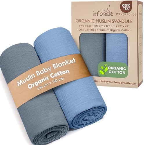 infancie Organic Cotton Muslin Baby Blanket - 47x47 Inch Breathable Swaddle, Hypoallergenic Double-Layer, Versatile Use (Slate/Aquarius)