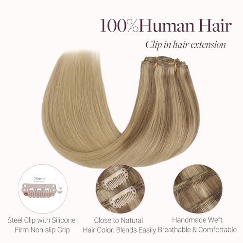 Image of GOO GOO Clip in Hair Extensions Real Human Hair, Remy Human Hair Extensions Clip ins for Women, Natural Human Hair, 14inch 150g 9 Pcs, #12A /18H Ash Beige Blonde Blend