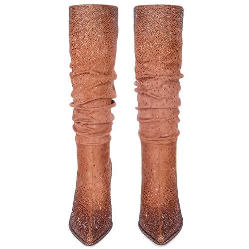 Womens Rhinestone Knee High Boots Sparkly Slouchy Tall Boots Pointed Toe High Heel Wide Calf Glitter Stiletto Boot for Women2