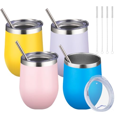 Image of 12oz/4 Pack Wine Tumbler Glasses with Lid Stemless Double Wall Vacuum Stainless Steel Travel Tumbler Keeping Cold & Hot for Wine,Coffee,Cocktails,Christmas Drinks-Family and Gifts(Multi color-7)