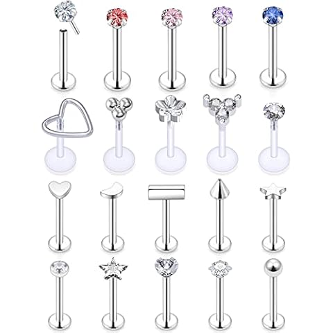 Cisyozi 16G Push in Lip Labret Rings Studs 316L Surgical Steel Cartilage Tragus Helix Hoop Ear Earring Body Jewelry Piercing for Women Men 8mm, Metal Crystal, stainless-steel Cover