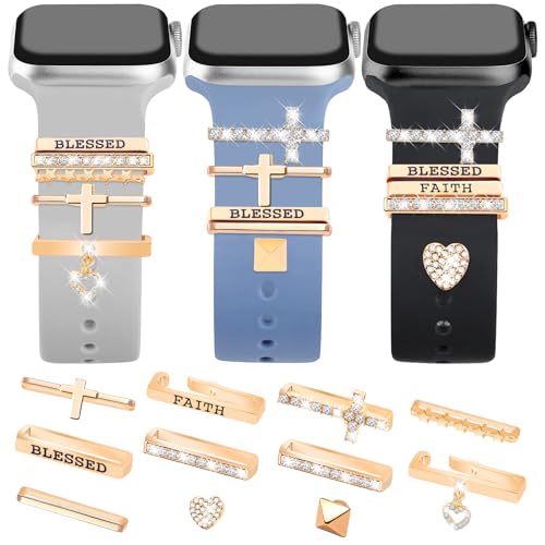 JR.DM 11-Pcs Gold Super Bling Watch Charms with 9-Pcs Decorative Rings Loops 2-Pcs Decoration Compatible with Apple Watch Band Metal Diamond Sliding Accessories for iWatch Series 11 10 9 8 7 6 5 4 3