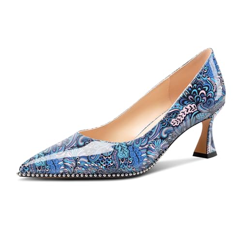 Image of TNYNFBEB Womens Mid Kitten Heel Pointed Toe Pumps Slip-on Silver Beaded Prom Party Dress Patent Leather 2.6 Inches Heels