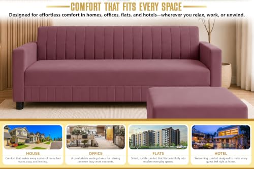 Image of 3 Seater Velvet Sofa with Ottoman | Modern Upholstered Couch | Comfortable Living Room Sofa | Durable & Stylish Seating for Home, Office & Guest Room - Rose Pink Color