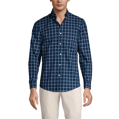 Lands' End Mens Traditional Fit No Iron Twill Shirt Deep Sea Navy Windowpane Regular Large