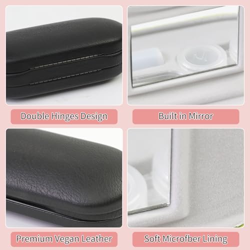 FlyingMage 2 in 1 Contact Lens Case and Eyeglasses Case for Women Men Kids, Double Sided Hard Shell Portable Glasses Travel Holder with Built-in Mirror, Contact Lens Box Storage Kit, Black