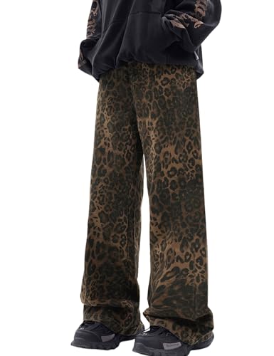 Men Y2K Leopard Print Jeans - Baggy Vintage Printed Pants with Straight Legs - Streetwear3