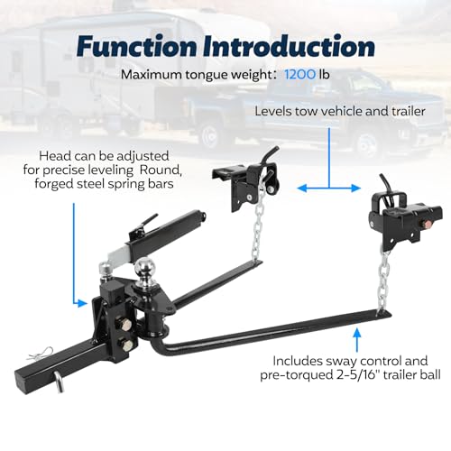 Image of Weight Distribution Hitch with Sway Control Bar, Trailer Towing Hitch Spring Bars Kit, Heavy Duty Weight Distributing Hitches 2-in Shank 2-5 /16-In Ball, Anti Sway for RV Camper, Max Towing 14000lbs