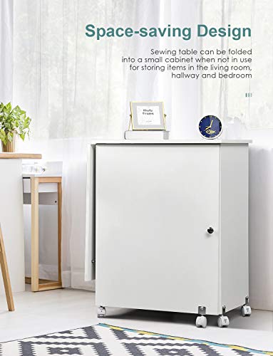 Kealive Foldable Sewing Table, Sewing Craft Cart with Adjustable Storage Shelves and Lockable Casters, Easy Assemble Multi-Function Wood Sewing Desk for Small Space, White