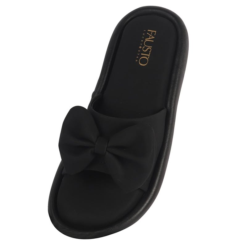 Image of FAUSTO Women Open Toe Bow Design Slip On Sliders | Extra Comfort Cushioned Insole Slippers | Classic Flat Sandals for All Day Long