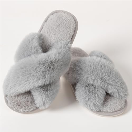 Image of Women's Cross Band Fuzzy Slippers Fluffy Open Toe House Slippers