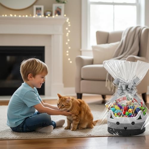 Image of Zopeal 2 Pack Small Cat Woven Basket with Gift Bag and Ribbon, Empty Decorative Gift Basket, Toy Cotton Rope Storage Organizer for Nursery Baby Shower Birthday 8.3 x 4.7 Inch(Mix Gray)