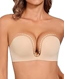 Upushall Strapless Push Up Bras for Women Deep Plunge Non Slip Padded Convertible Underwire Bra Low Cut Sexy U Shaped Nude,34C