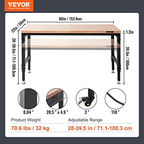 Vevor Adjustable Workbench, 60" L X 22" W Garage Worktable With Universal Wheels, 28-39.5" Heights & 2000 Lbs Load Capacity, With Power Outlets & Hardwood Top & Storage & Foot Pads, For Office Home #TOP6