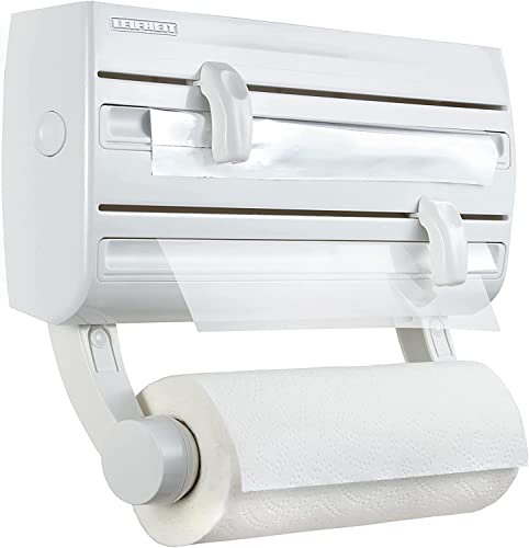 Leifheit Portarrollos de pared Parat F2, sujeta rollos de cocina con especiero, portarrollos blanco para film, papel de aluminio y papel de cocina, [L 10 x W 41 x H 19 cm]