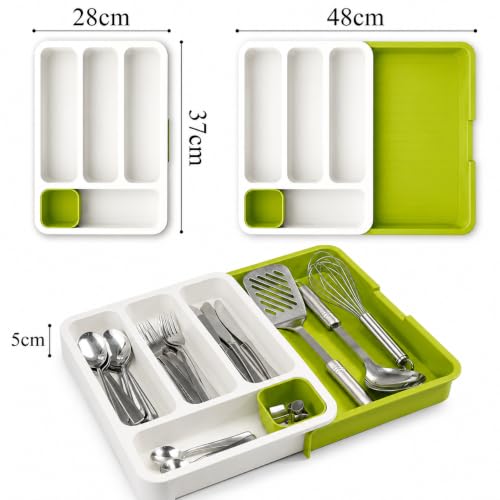 Image of Large Silverware Drawer Organizer, Expandable Utensil Tray for Kitchen, BPA Free Flatware and Cutlery Holder, Adjustable Plastic Storage for Spoons Forks Knives (Green-White, Pack Of 1)