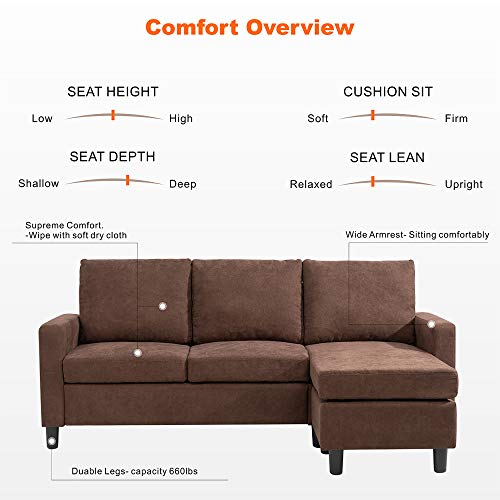 JY QAQA Convertible Sectional Sofa Couch with Reversible Chaise, L-Shaped Couch with Modern Linen Fabric for Small Space (Brown)