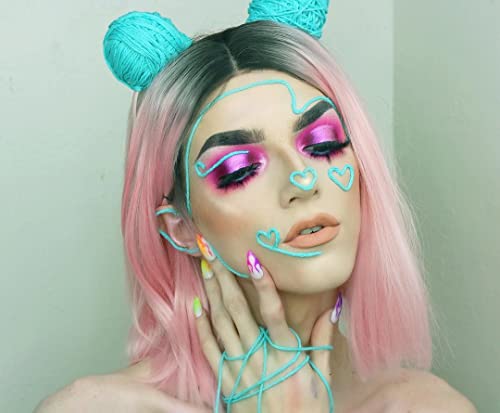 K'ryssma Ombre Pink Lace Front Wig with Black Roots Straight Bob Syntheic Wigs for Women Half Hand Tide Pink Wig for Halloween