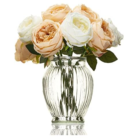 Ribbed Glass Vase for Flowers - Clear Vase 18cm - Glass Vase for Roses, Bud, Daffodils, Peony or Tulip - Round Vase for Small Bunches or Posy to Decorate your Home Cover