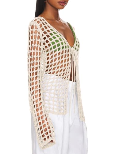 Saodimallsu Womens Long Sleeve Swimsuit Coverup Crochet Hollow Out Tie Front Swim Cover Up Knit Cardigan2