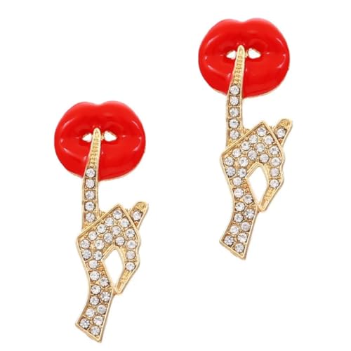 Image of 2Pcs Sexy Red Lips Brooch Rhinestone Quiet Gestures Statement Brooches Lapel Pins Elegant Dress Accessories Suit Tie Art Deco Fashion Cubic Zirconia Jewelry Lover Gift for Women Girls