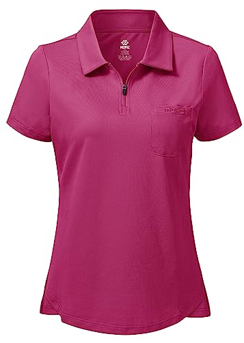 MoFiz Ladies Golf Polo Shirts Short Sleeve Cotton Tennis Work Golf Top Casual Sports T-Shirt with 1/4 Zipper Rose-red Size L