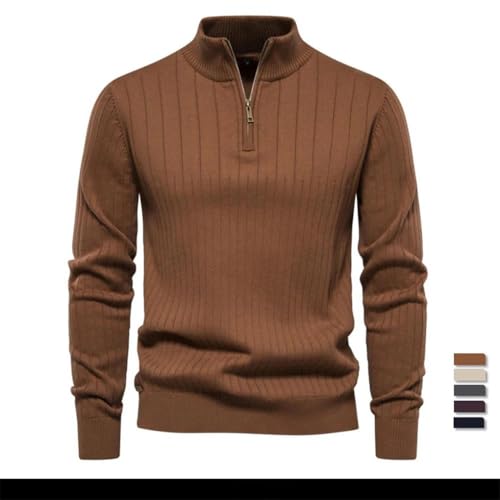 Men Zipper Pullover Handsome Sweaters Warm Men Stand Collar Cotton Knitted Sweater Brown 2XL2