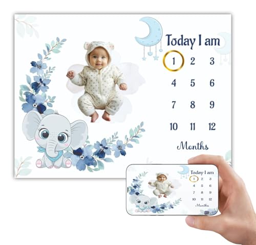 Image of Baby Monthly Milestone Blanket | 1-12 Months | Soft Elephant & Floral Design | Ideal for Newborn Boys & Girls | Perfect Growth Tracker & Photoshoot Prop with Floral Wreath | 120x90 cm