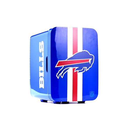Image of Ukonic NFL Buffalo Bills 15-Can Mini Fridge 10L - AC /DC Powered, Official Team Colors & Logo, Portable Cooler for Tailgates, Home, Office, or Car