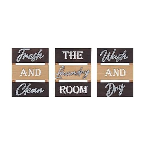 Elements Dark Wood Plank Wall Plaques with Galvanized Metal Sentiments, Set of 3, 12x0.88x16 Inch