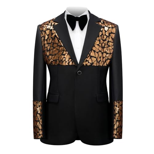 Men's Formal Blazer with Sequins Notched Lapels, Single Breasted, One Button, 2 Pockets, Black