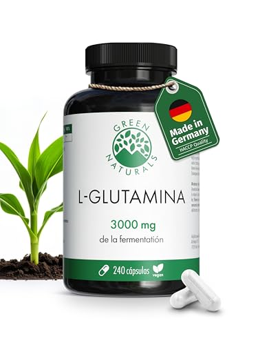 Green Naturals® L Glutamina – Alta dosificación 3.000 mg por dosis diaria – Aminoácido puro en forma libre de fermentación natural – 100% vegano & sin aditivos – 240 cápsulas (60 días)