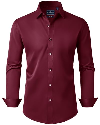 Image of DEMEANOR Mens Dress Shirts Long Sleeve Dress Shirts for Men Slim fit Shirt Mens Casual Shirts Non-Iron Men Formal Shirts Wine Red