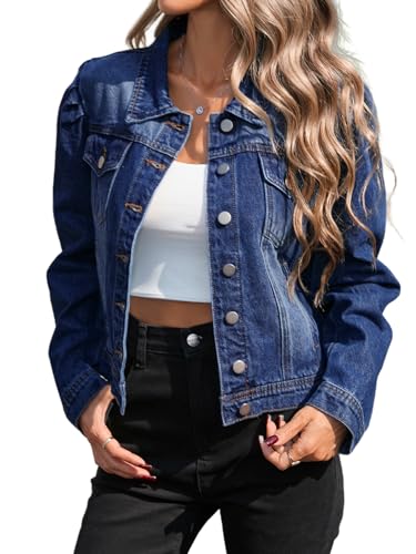 LifeShe Women’s Cropped Denim Jacket Puff Sleeve Button Down Jean Coat Vintage Short Denim Outerwear Casual Streetwear