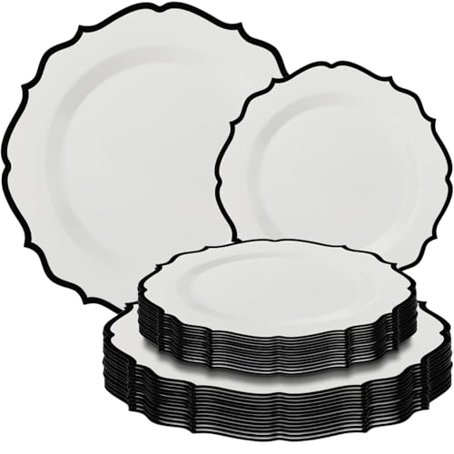 Contemporary Collection Combo White Plates with Black Rim - 7.5' - 10.5' (Pack of 32) - Sleek Modern Design - Perfect for Entertaining & Everyday Use
