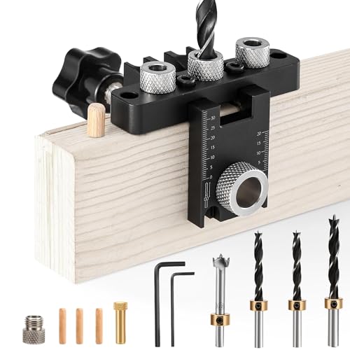 3-In-1 Dowel Jig Kit Woodworking Cam Doweling Jig with Drill Guide Punch Locator Self Centering Dowel Jigs Joint Tool with 8/10/15mm Bit for Vertical Hole in Carpentry Panel Furniture