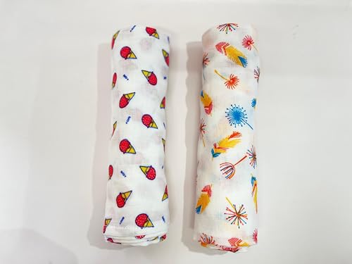 Image of Swaddle for Babies -100% Muslin Cotton Soft Swaddle /Blanket /Multipurpose Wrap for New Born Baby Girl & Boy | Perfect for Gifting | 100x100 cm | 0-6 Months, Set of 2,(Feather & Ice-cream Print)