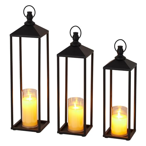 22" 19" 17" Black Candle Lanterns, Metal Decorative Lanterns for Outdoor & Indoor with Flameless LED Candles, Halloween & Christmas Use Modern Patio P