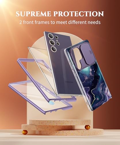 Image of GVIEWIN for Samsung Galaxy S24 Ultra Case, [Slide Camera Cover & Built-in HD Screen Protector] [2 Front Frames] Shockproof Military Grade Protective Marble Phone Case for S24 Ultra 6.8 inch(Floating)