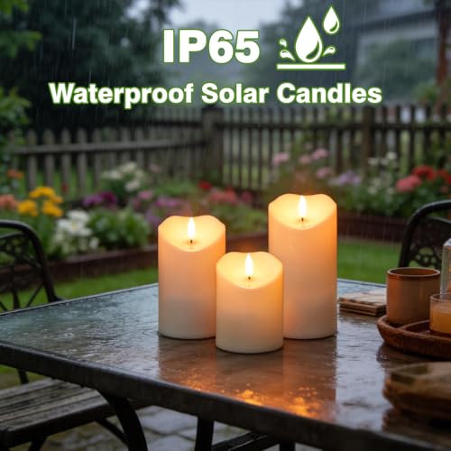 Image of Solar Candles Outdoor Waterproof, Flameless Flickering Pillar Candles 3 Pack 4 inch 5 inch 6 inch, IP65 Solar Powered Dusk to Dawn Sensor with 30+ Hours Long Lasting fo Patio Garden Yard Deck Decor