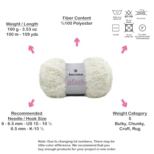 Image of Plush Faux Fur Bulky Yarn, Super Soft Fluffy Fuzzy for Knitting Crocheting Crafting, 100 Gram (3.53 Ounces) 109 Yards (100 Meters) (Cream)