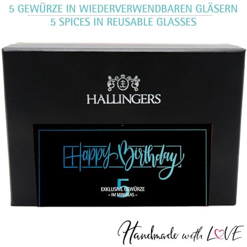 Hallingers Happy Birthday - Gewürz Geschenkset handgemacht, 5 Gewürze aus aller Welt (Set) - Geschenkideen Weihnachten & Geschenke Adventskalender | Geburtstag Glückwunsch Neues Zuhause Jahrestag Glüc