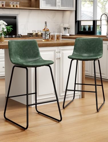 Image of REONEY Bar Stools Set of 2, 26 inch Urban Faux Leather Counter Stools, Green