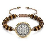 Genérico Pulsera San Benito Hombre Ojo de Tigre Natural 8mm – Medalla 20mm – Ajustable con Cordón – Pulsera Masculina Elegante – Regalo Ideal para Hombre (MADERA ORO-PLATA)