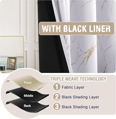 Image of BFAM Marble Print 100% Blackout Curtain with Black Linning at Back,Golden Marble Print Curtains for Living Room /Bedroom Thermal Insulated Energey Saving 11 Feet Pack of 1 Curtain